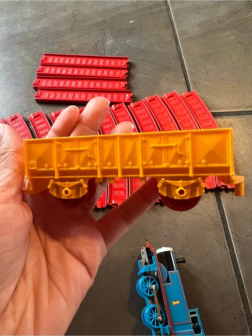 Thomas & Friends Blue Engine with Red Track Sections and Yellow Cart